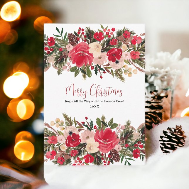 Rustikale Weihnachtsblütenfarbe Feiertagskarte (Rustic merry Christmas floral watercolor Holiday Card)