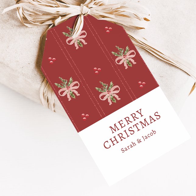 Rustikale Weihnachtsbögen Geschenkkarte Geschenkanhänger (Rustic Red Bows Christmas Gift Tag | Vintage Watercolor Holiday Charm by Painted Paperie)