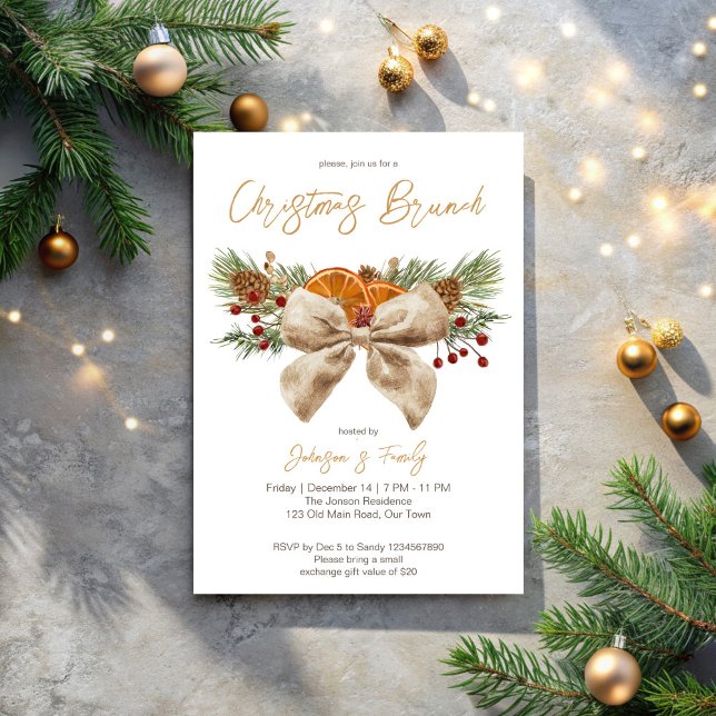 Rustikale Weihnachtsbrunch-Pinien-Bugbeeren Einladung (Rustic Christmas brunch party invitation pines bow berries citrus Christmas dinner party Invitation)
