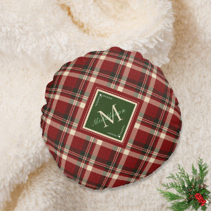 Rustikale Weihnachtsfamilie Monogram Red Green Kar Rundes Kissen