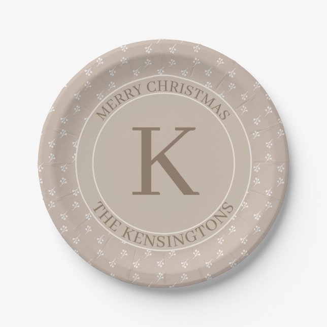 Rustikale Weihnachtsfeier Beige Monogram Pappteller (Vorderseite)