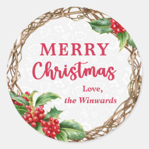 Rustikale Weihnachtsfeier Holly Berries Winterreat Runder Aufkleber
