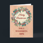 Rustikale Weihnachtsfeier Son Frohe Weihnachten Karte<br><div class="desc">Frohe Weihnachten für den Sohn Bruder mit rustikalem Weihnachtskranz,  Vintagem Papiermuster und nachdenklichem Vers.</div>