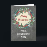 Rustikale Weihnachtsfeier Son Frohe Weihnachten Karte<br><div class="desc">Frohe Weihnachten für Söhnkarte mit rustikalem Weihnachtskranz,  Vintagem Chalkboard-Muster und nachdenklichem Vers.</div>