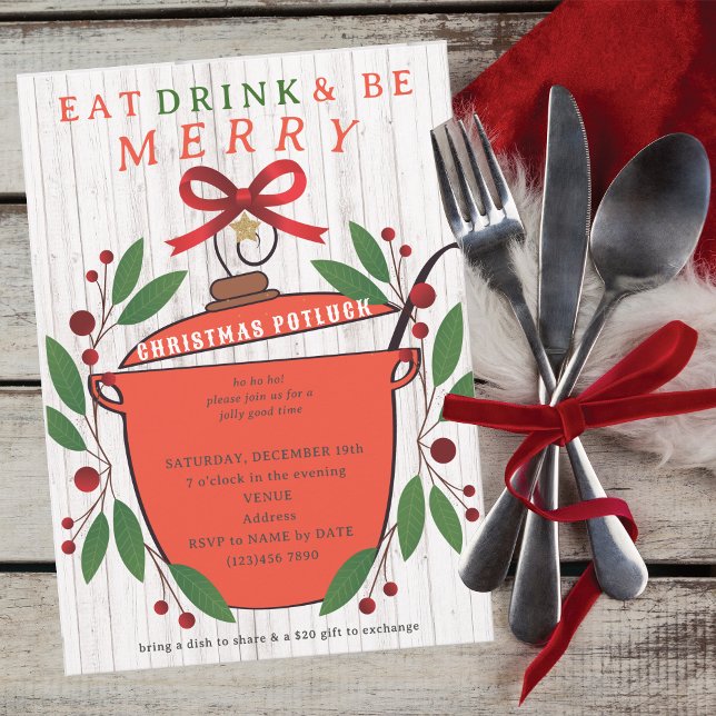 Rustikale Weihnachtsfeier zum Essen, Trinken und F Einladung (Rustic Eat Drink and Be Merry Christmas Potluck Invitation for Church Family Office Xmas Parties)