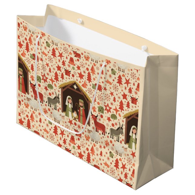 Rustikale Weihnachtsgeschenktasche mit Krippenszen Große Geschenktüte (Vorderseite Schrägansicht)