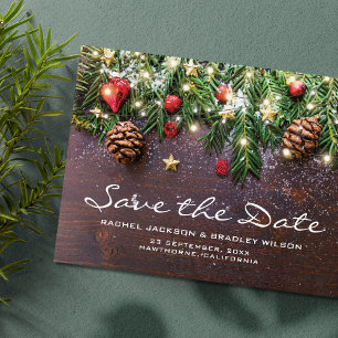 Rustikale Weihnachtshochzeit - Save-the-Date Ankündigungspostkarte