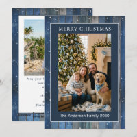 Rustikale Weihnachtskarte aus Holz in Navyblau mit