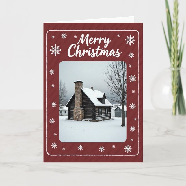 Rustikale Weihnachtskarte mit Blockhütte Karte (Vorderseite)