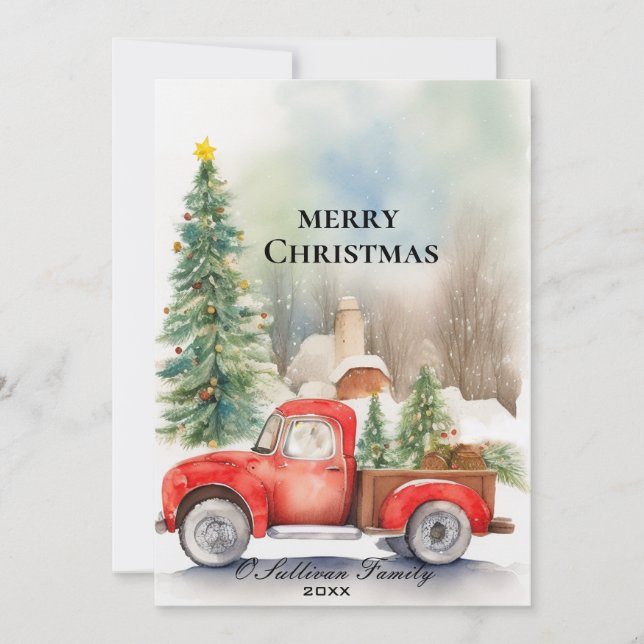 Rustikale Weihnachtskarte mit rotem Lastwagen - Vi Einladung (Vorderseite)
