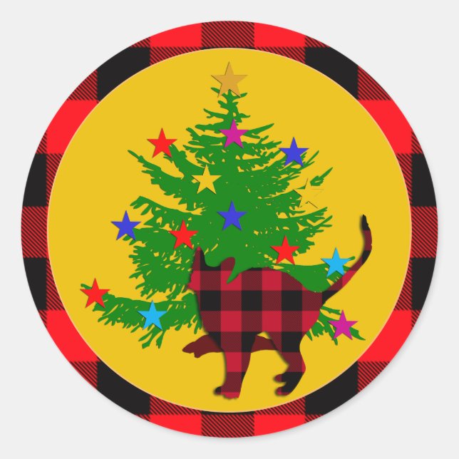 Rustikale Weihnachtskatze, Bäume und Rotes Buffalo Runder Aufkleber (Vorderseite)