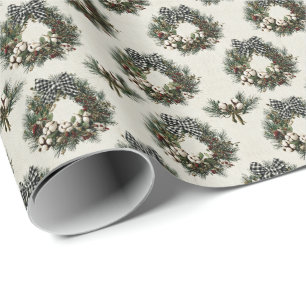 Rustikale Weihnachtskränze aus Kiefer und Beeren Geschenkpapier
