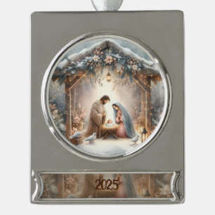 Rustikale Weihnachtskrippenszene mit Winterblumen Banner-Ornament Silber