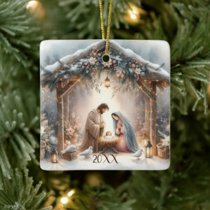 Rustikale Weihnachtskrippenszene mit Winterblumen Keramikornament