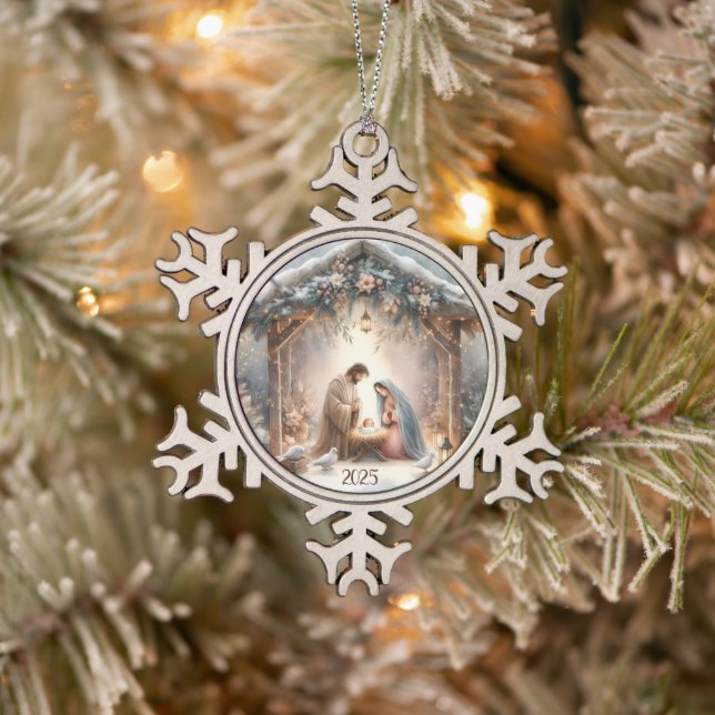 Rustikale Weihnachtskrippenszene mit Winterblumen  Schneeflocken Zinn-Ornament (Baum)