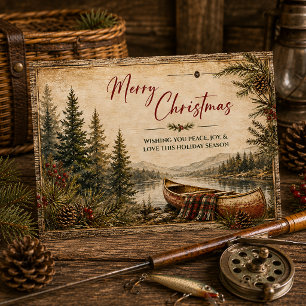 Rustikale Weihnachtslandschaft mit See und Kanu Feiertagskarte