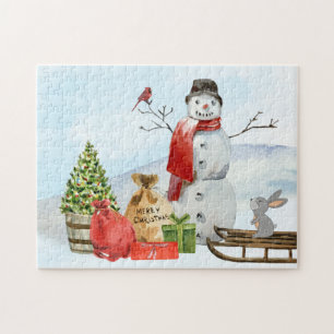 Rustikale Weihnachtslandschaft Schneemann, Schnee, Puzzle