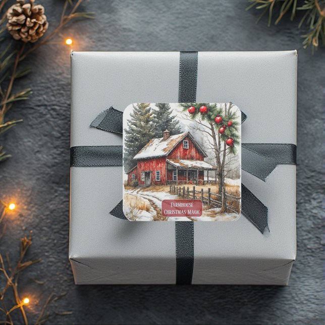 Rustikale Weihnachtsmagie im Landhausstil  Quadratischer Aufkleber (Farmhouse Christmas Magic Vintage Rustic Square Sticker)