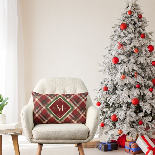 Rustikale Weihnachtsmonogramm Rotes Grün Kariert Lendenkissen (Von Creator hochgeladen)