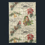Rustikale Weihnachtsmusik Florenz Ephemera Geschirrtuch<br><div class="desc">Warmes und nostalgisches,  nahtloses Vintages Muster mit Santa-Portrait,  heilig,  Poinsettia,  Glocken und Rotkehlchen auf einem Kiefernhain mit Notenmusik,  gravierten rustikalen Häusern und bedrücktem ecru harlequin Diamantmuster auf Pergament-Hintergrund.</div>