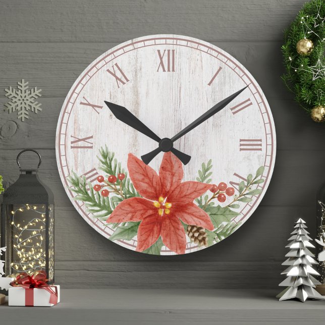 Rustikale Weihnachtspoinsettia Botanisch Runde Wanduhr (Von Creator hochgeladen)