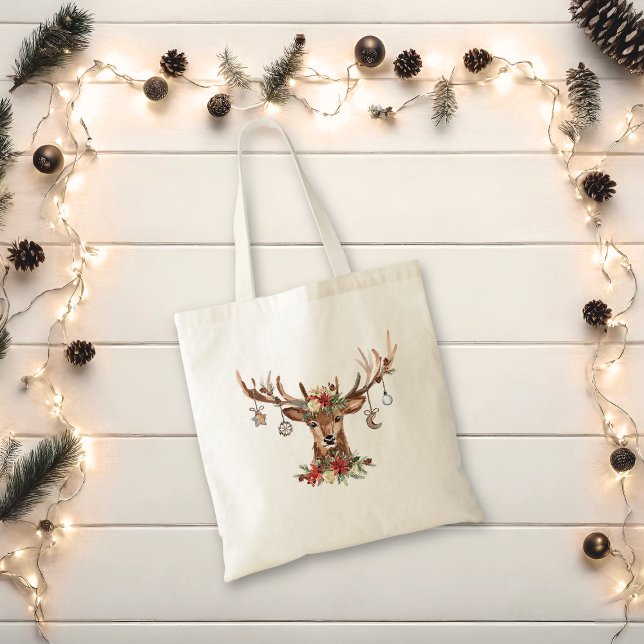 Rustikale Weihnachtsschmuck Tragetasche (Rustic Christmas Reindeer Antler Ornaments Tote Bag)