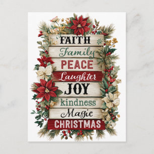 Rustikale Weihnachtswortkunst – Familie, Lachen  Postkarte
