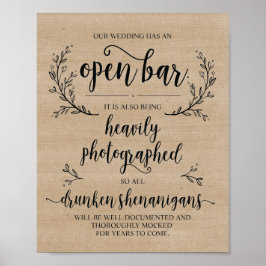 Rustikale Weinreben Hochzeit Open Bar Drunken Zeic Poster