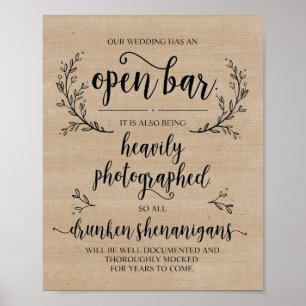 Rustikale Weinreben Hochzeit Open Bar Drunken Zeic Poster