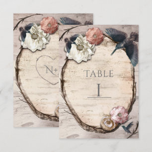 Rustikale Weiße Birke & Kolibri-Tischnummerkarte Einladung