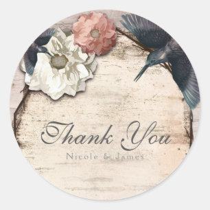 Rustikale Weiße Birken-Blumen- und Kolibri-Favor Runder Aufkleber