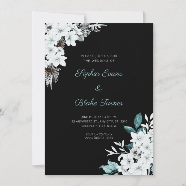 Rustikale Weiße Blume Boho Black Wedding Einladung (Vorderseite)