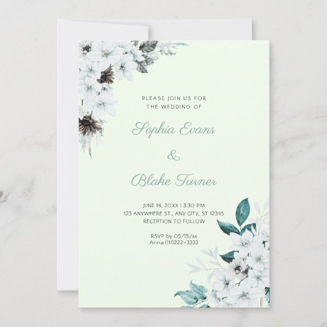 Rustikale Weiße Blume Boho Light Green Wedding Einladung (Vorderseite)