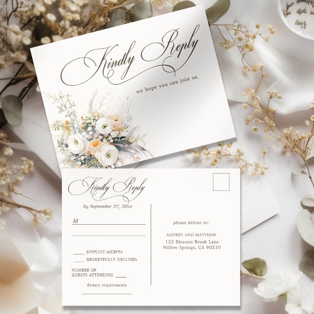 Rustikale weiße Blüten Hochzeit RSVP Postkarte (Von Creator hochgeladen)