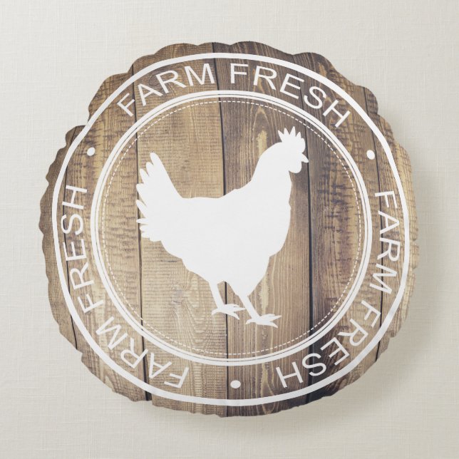 Rustikale weiße Farm Frische Hennenhütte Label Rundes Kissen (Vorderseite)