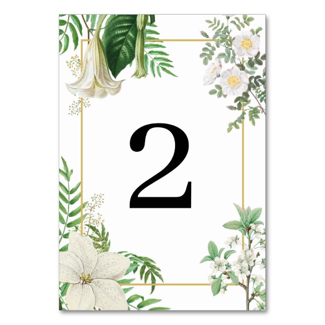Rustikale, weiße, grüne Aquarellfarben-Goldhochzei Tischnummer (Vorderseite)