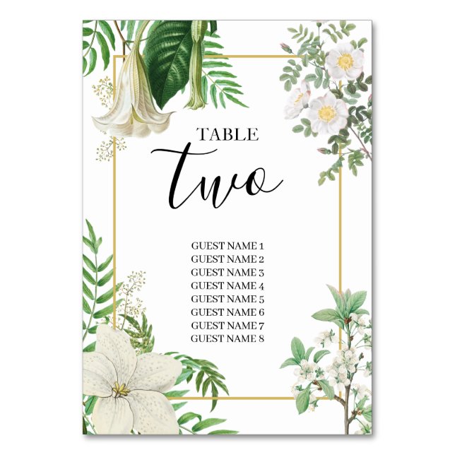Rustikale, weiße, grüne Aquarellfarben-Goldhochzei Tischnummer (Vorderseite)