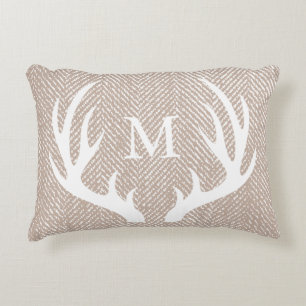 Rustikale Weiße Hirschantler & Taupe Herringbone Dekokissen