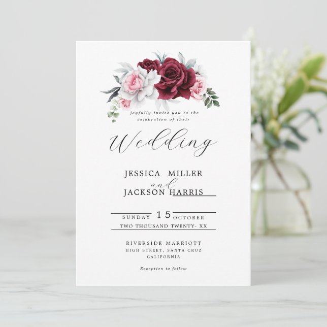 Rustikale weiße marine Rose Blumenhochzeit Einladung (Stehend Vorderseite)