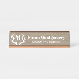 Rustikale weiße Rotwild-Geweih-Imitat-Leinwand Schreibtischnamensplakette