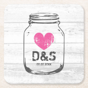 Rustikale weiße Scheunenholz-Mason-Glas-Hochzeitsu Rechteckiger Pappuntersetzer