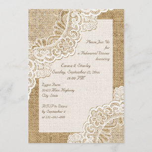 Rustikale weiße Spitze, Jute-Hochzeitsprobe-Dinner Einladung