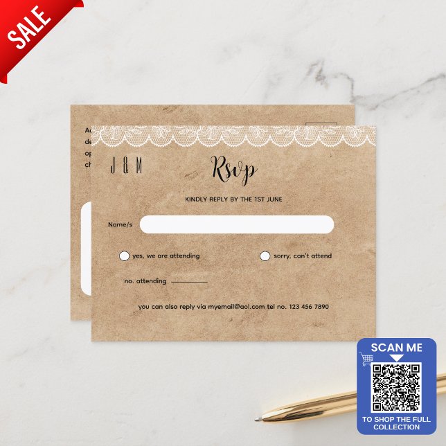 Rustikale weiße Spitzen-Hochzeit RSVP für passende Postkarte (Von Creator hochgeladen)