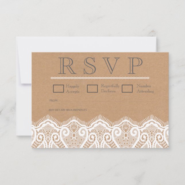 Rustikale weiße Spitzen- und Kraft-Hochzeitskarten RSVP Karte (Vorderseite)