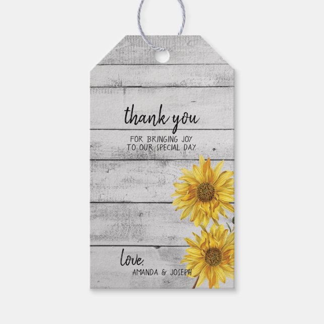 Rustikale Weißholz-Sonnenblumen Hochzeitsmarken Geschenkanhänger (Vorderseite)