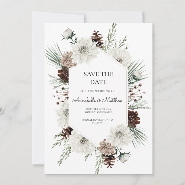 Rustikale Weißwinterflora Save the Date Einladung (Vorderseite)