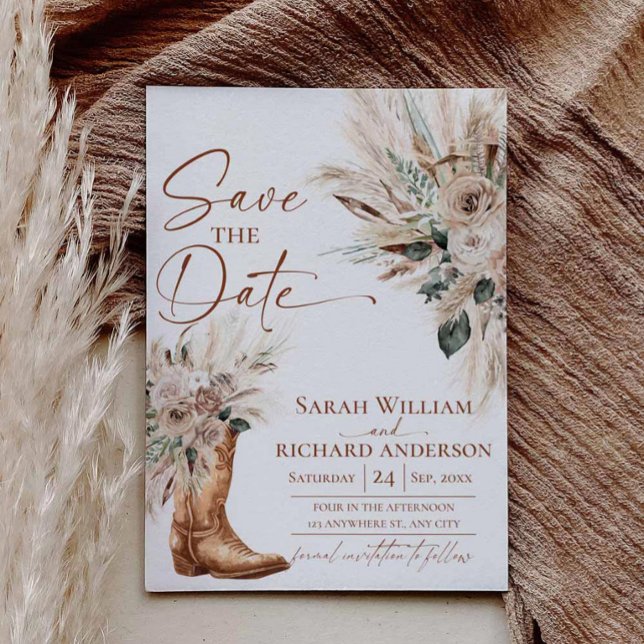Rustikale Western-Boho-Cowgirl-Stiefel Termin vorm Save The Date (Desert Boho Pampas Grass Wedding Announcement)