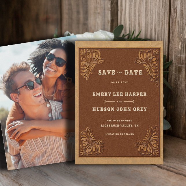 Rustikale Western-Hochzeit aus getriebenem Leder Save The Date (country rustic cowboy wedding save the date faux tooled leather terracotta cream western)