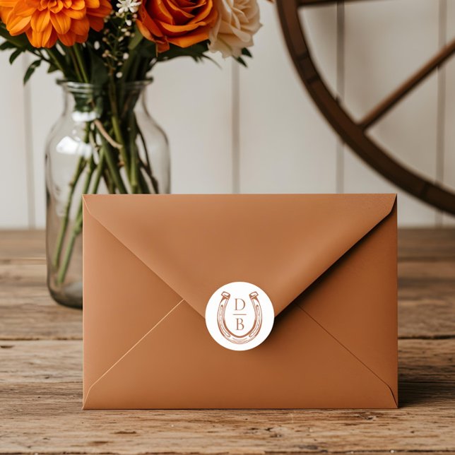 Rustikale Western-Hufeisen-Monogramm-Hochzeit Runder Aufkleber (Rustic Western Horseshoe Custom Monogram Wedding Classic Round Sticker)