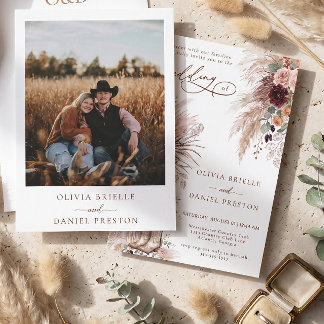 Rustikale westliche Boho-Pampasgras-Foto-Hochzeit Einladung